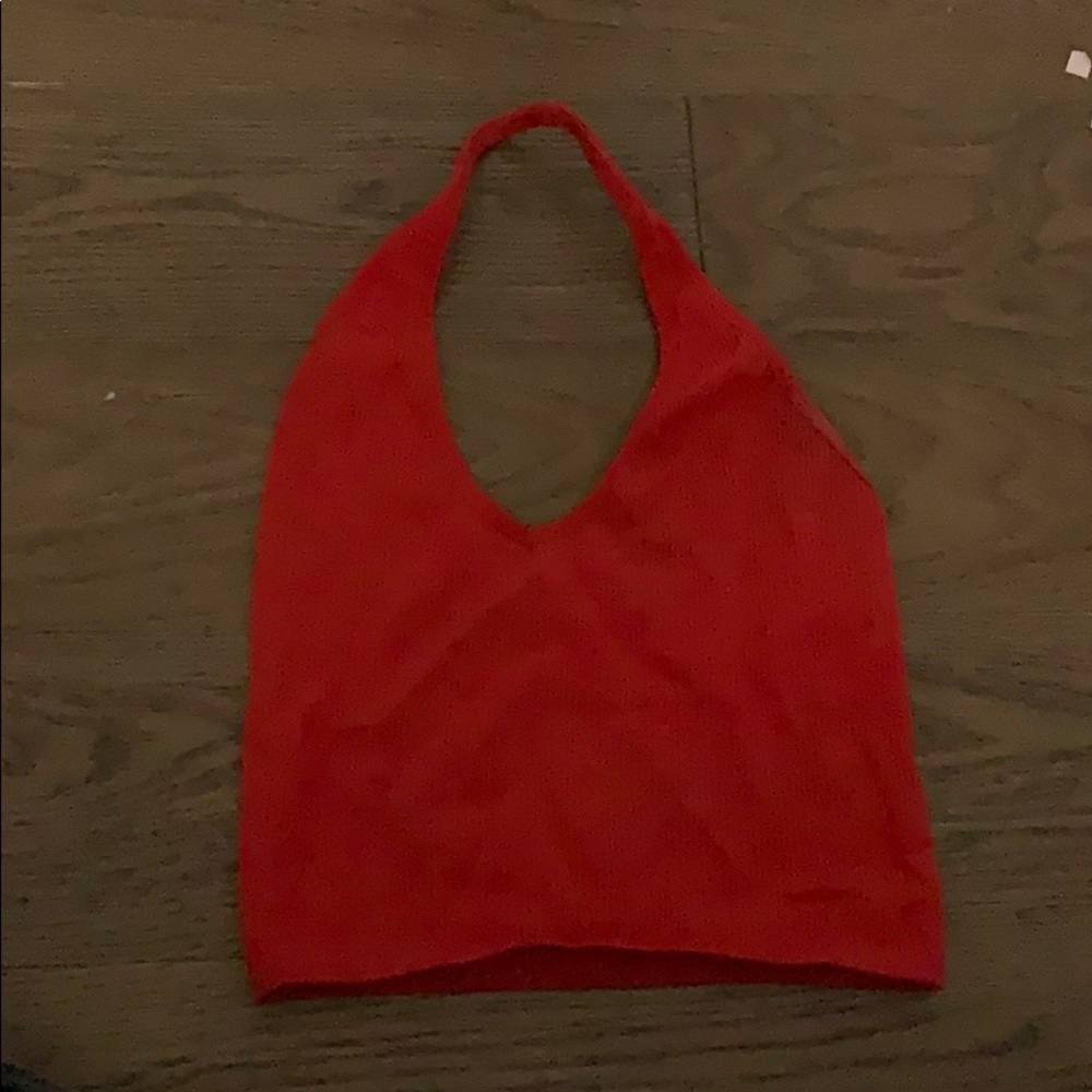 red halter crop top, ribbed